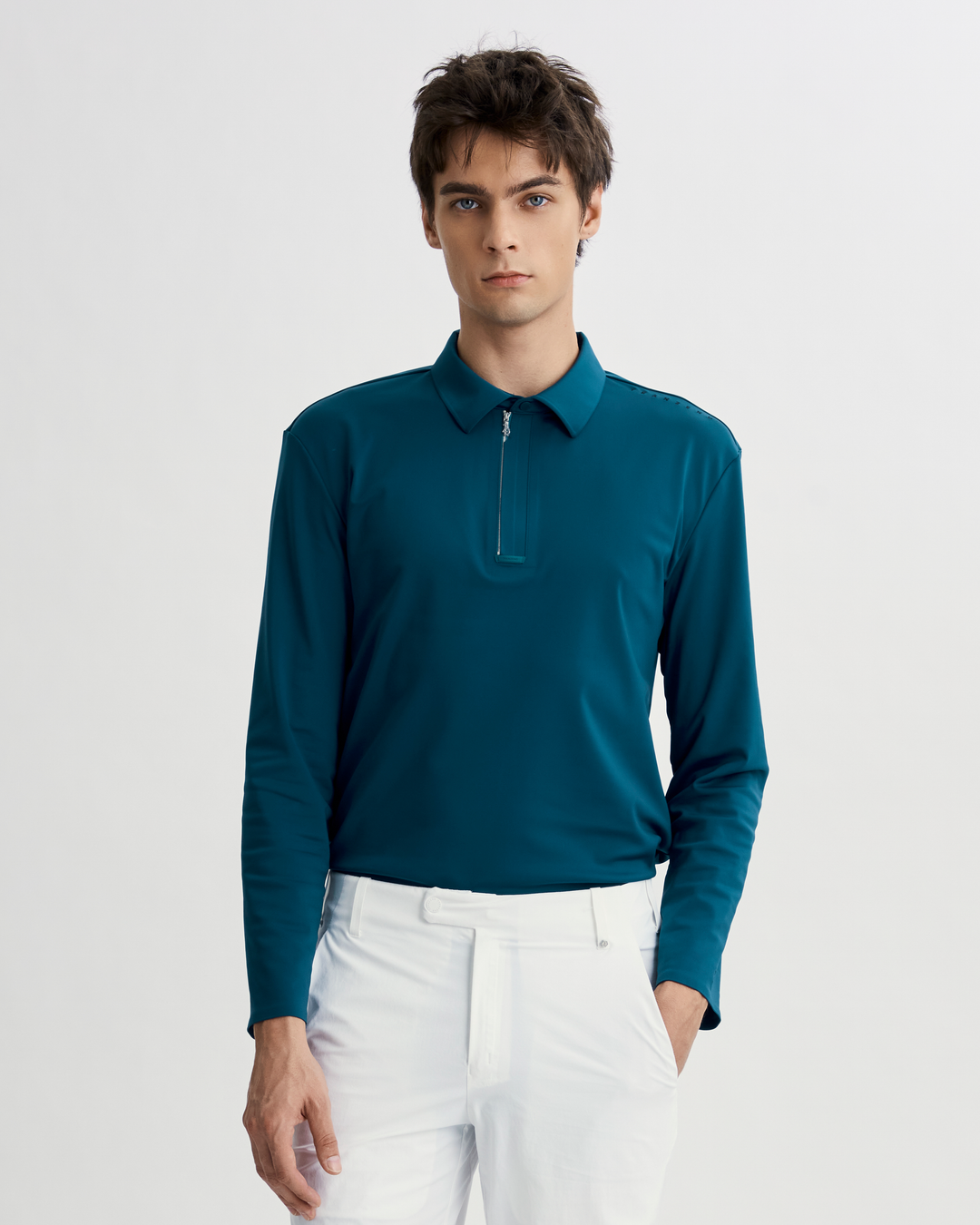 AW26 Golf 男款拉鍊長袖 Polo 孔雀藍正面