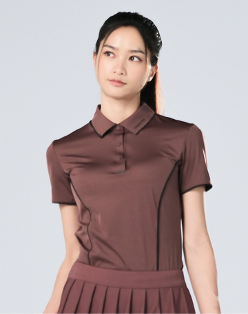 TRANZEND 女款冰感釘釦 Polo 衫土星棕半身穿著