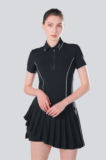 TRANZEND 女款快乾拉鍊Polo衫經典黑正面穿著